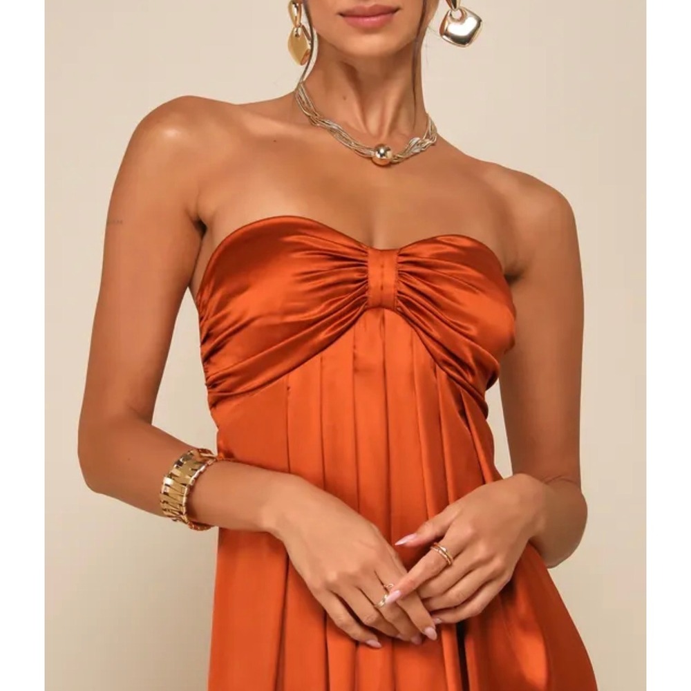 Lulus Memorable Entrance Rust Orange Satin Strapless Bow Maxi Dress 1X 2847